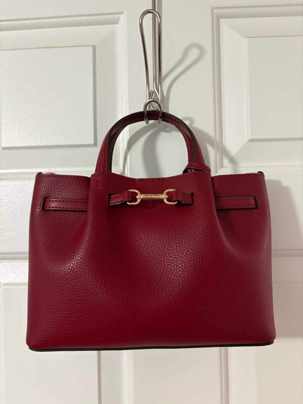 Michael Kors Carson in Cherry Red Leather Top-Handle Tote with Crossbody Strap